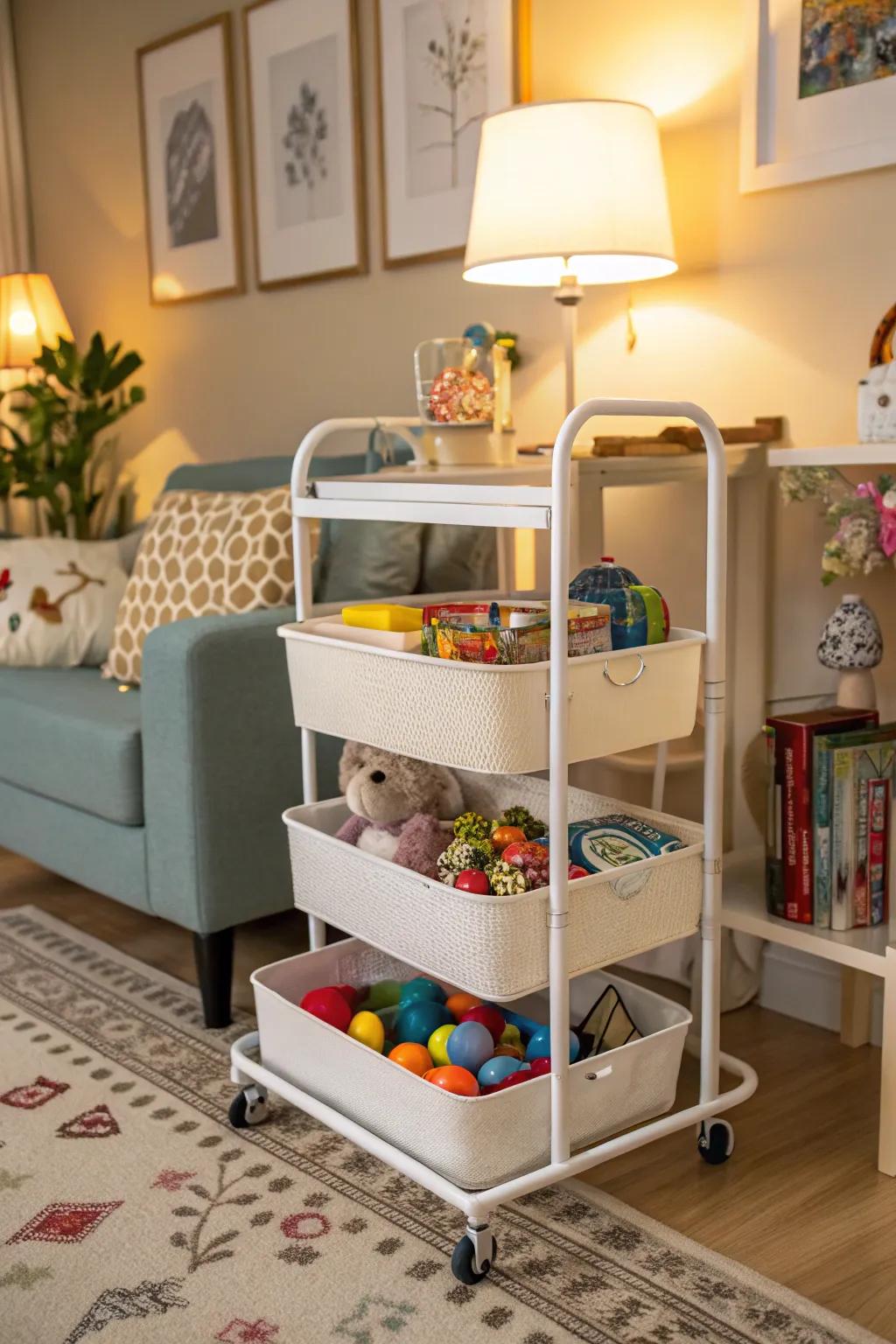 A tiered trolley offers flexible toy storage.