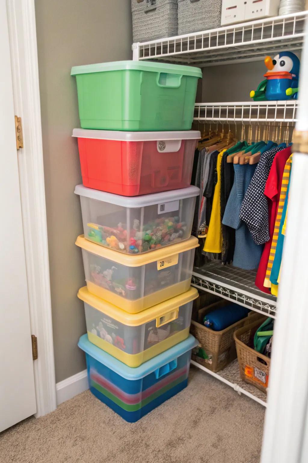 Stackable bins for organized toy storage in closets.