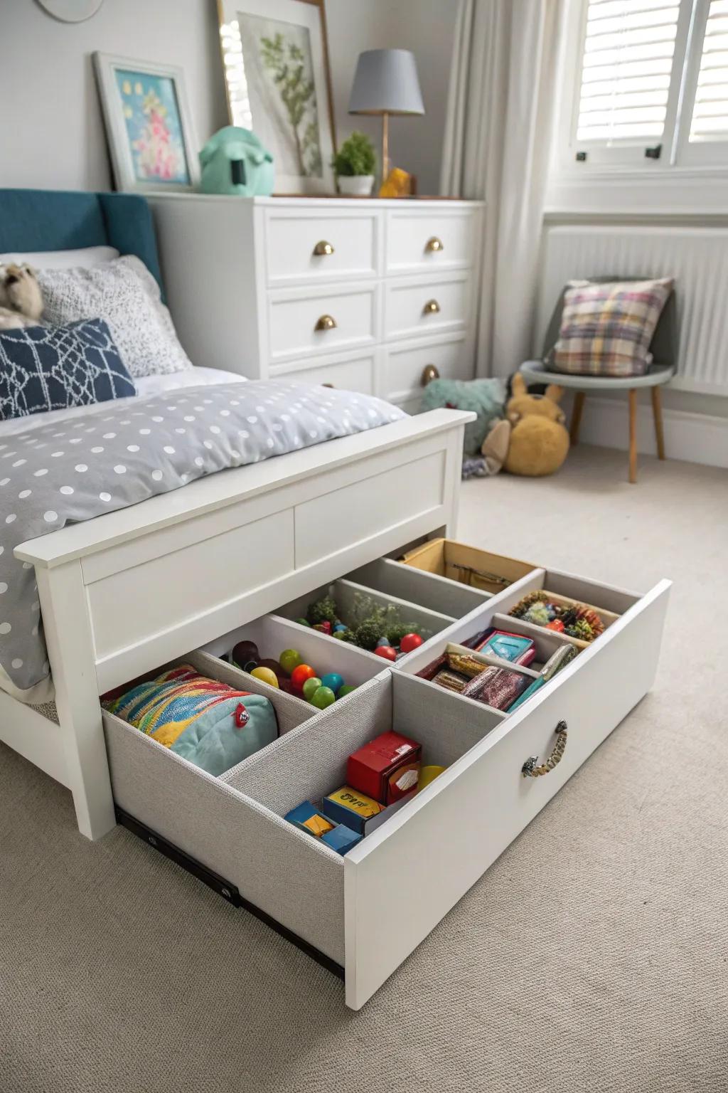 An under-bed toy storage box keeps toys out of sight but easily accessible.