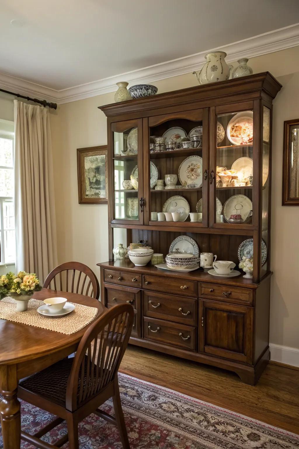 Antique pieces add historical charm to the dining room.