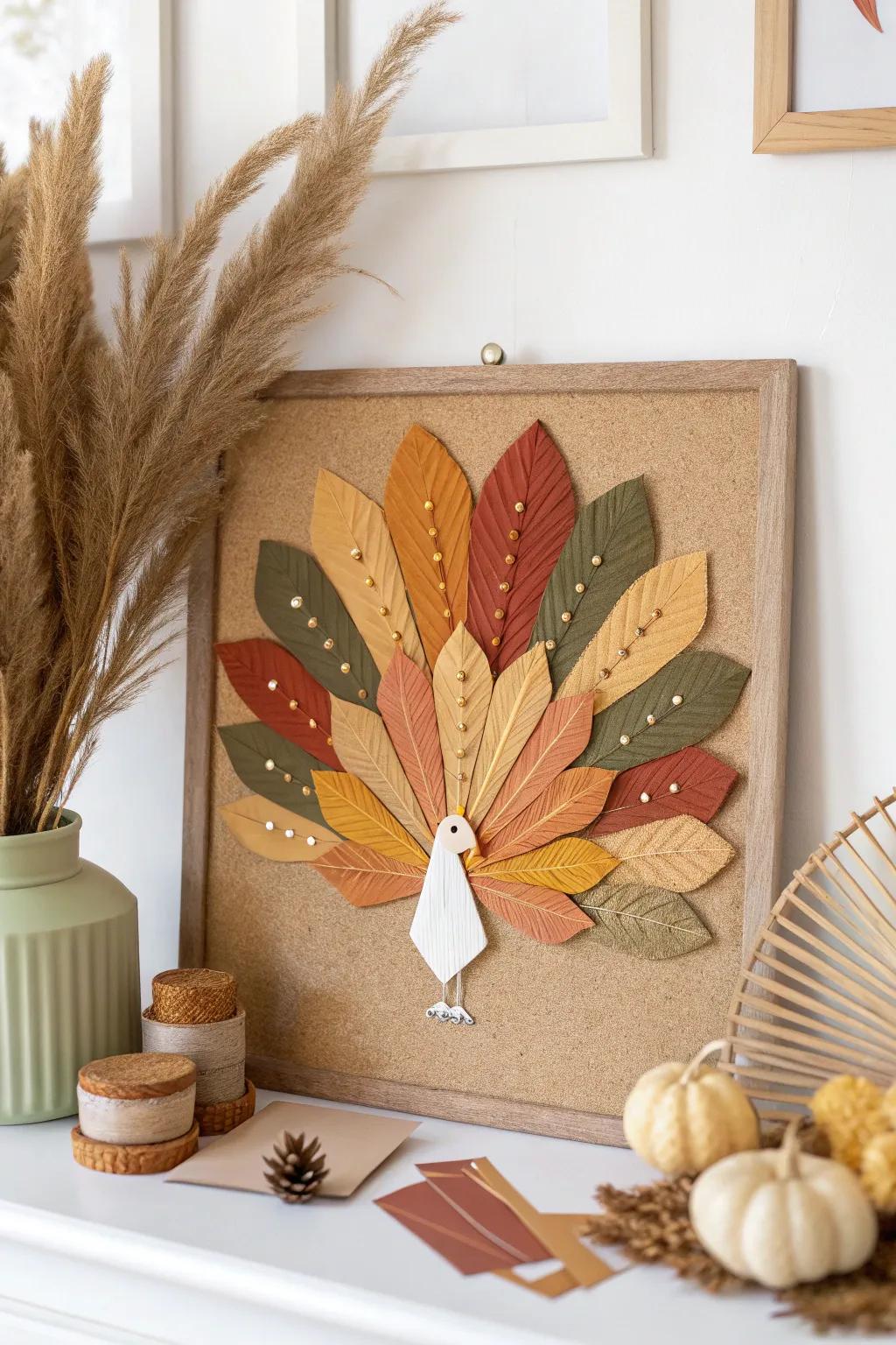 Craft a charming centerpiece with a Scandinavian twist: a cork board turkey adorned with boho feathers, perfect for a touch of natural beauty and gratitude.