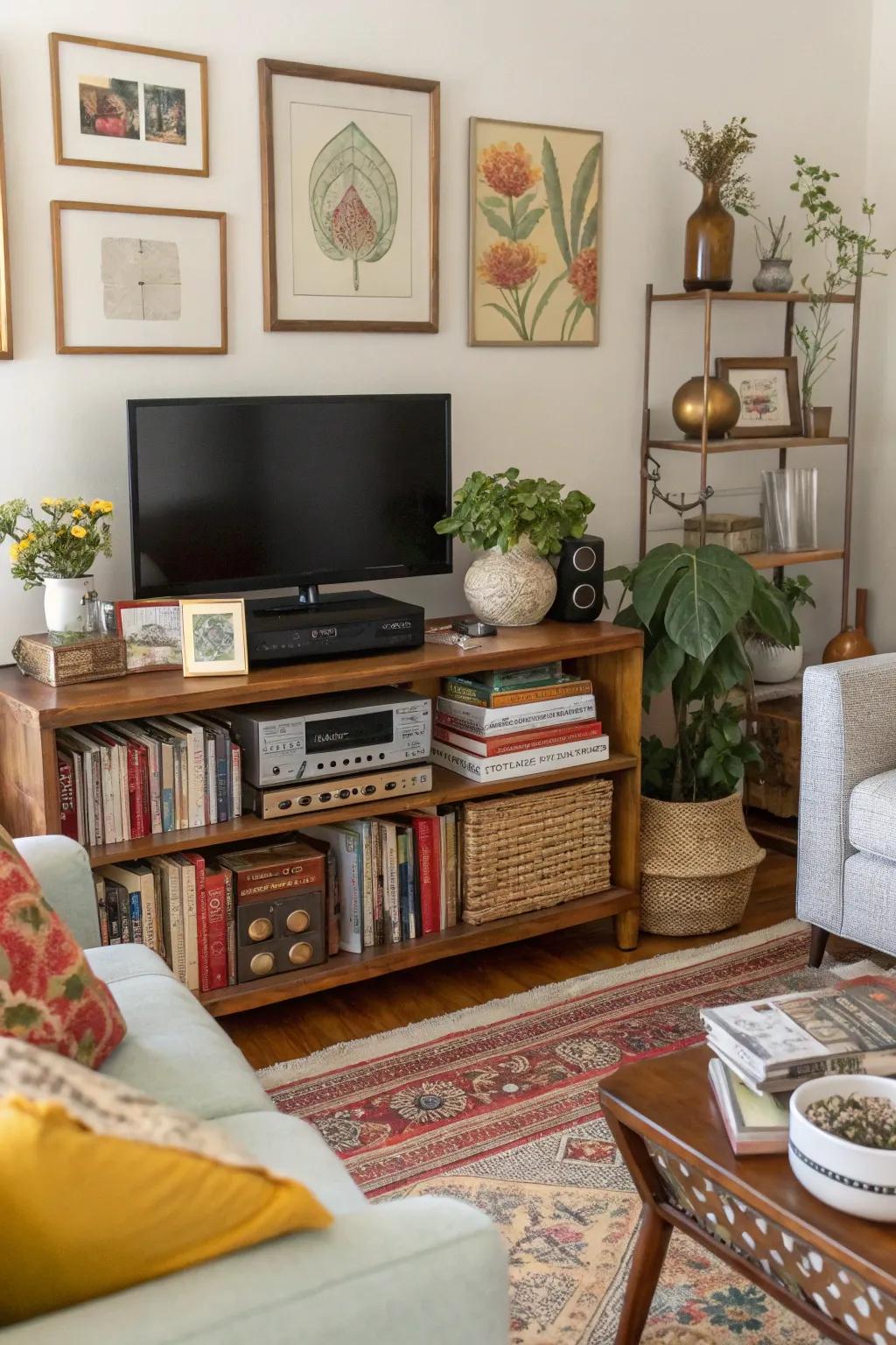 Use accessories to style your TV stand creatively.