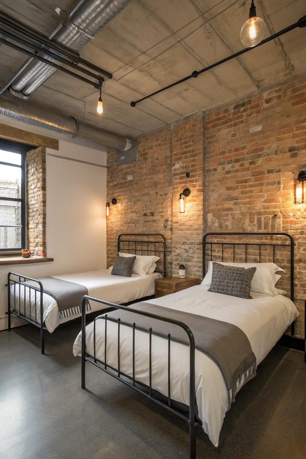 Industrial chic brings an edgy vibe to the twin bedroom.