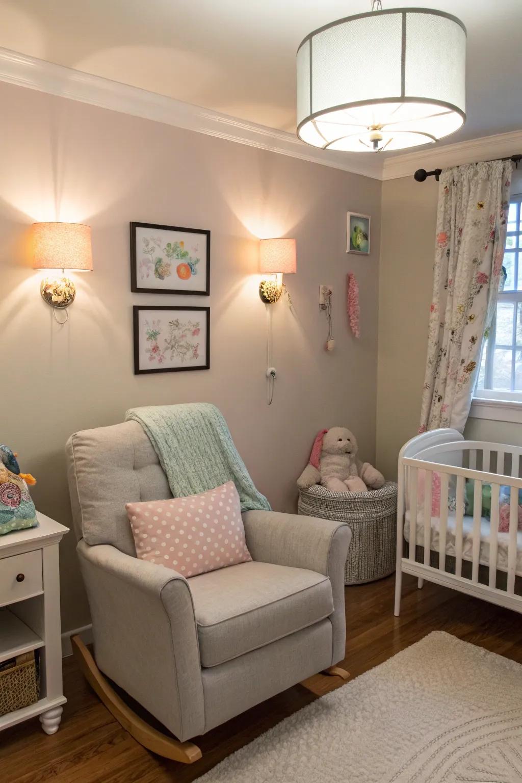 Wall-mounted lighting keeps the nursery floor space clear.