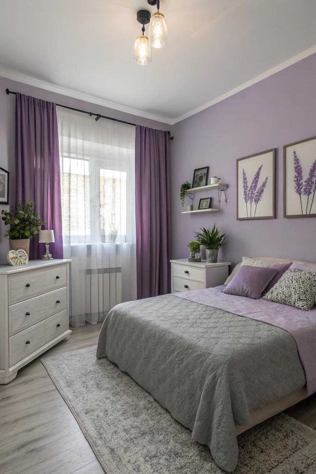 A tranquil and soothing two-tone bedroom in lilac and dove gray.