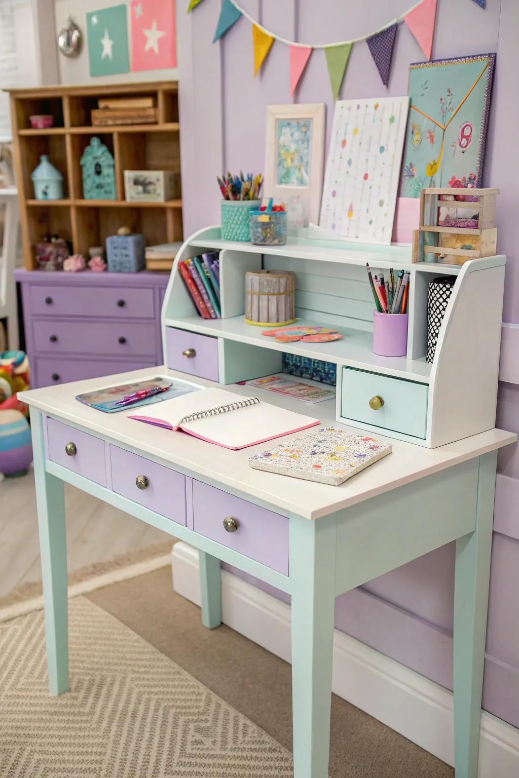 Playful pastels bring lightness and fun to this desk layout.