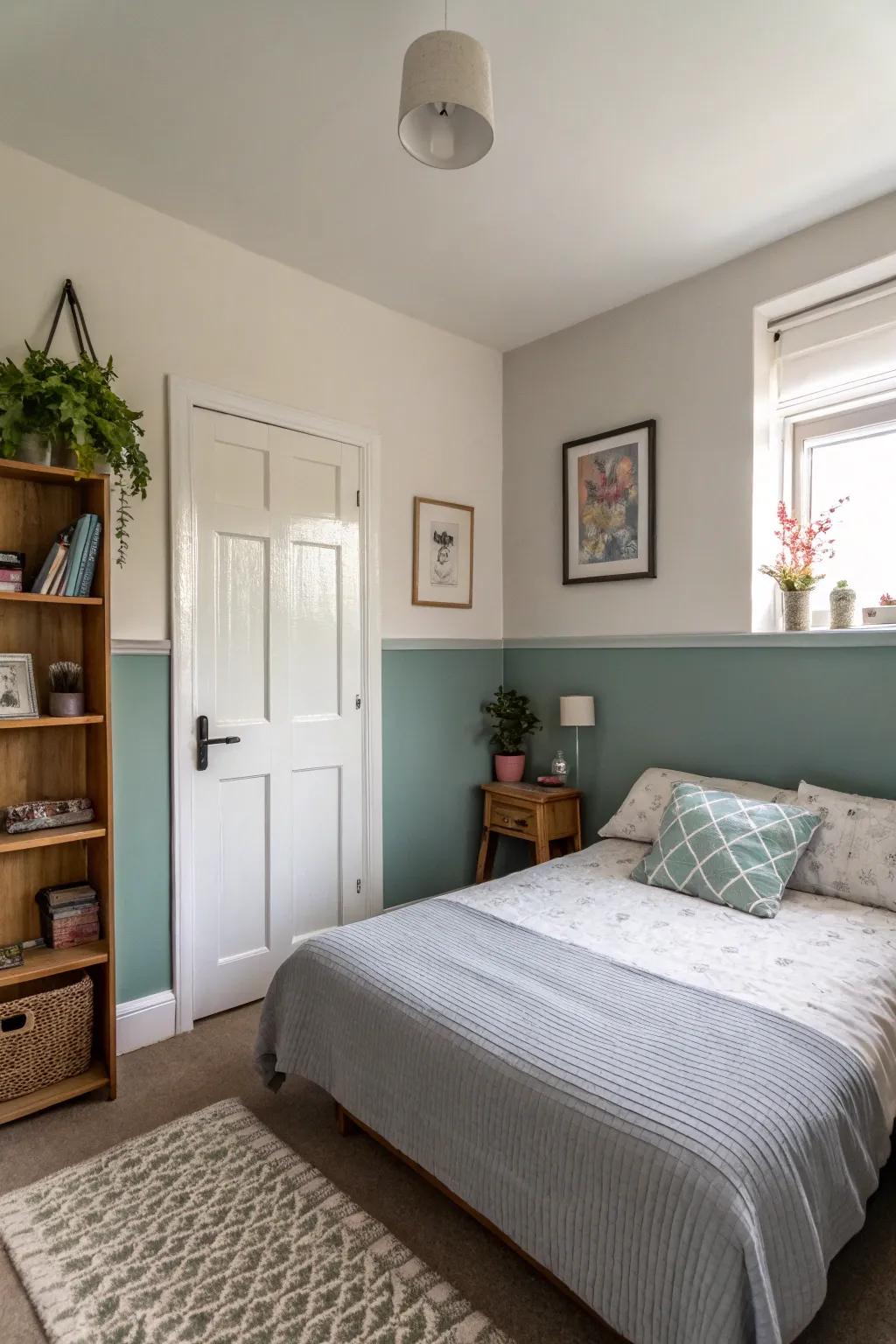 A guest room with a two-tone wall creating a spacious illusion.