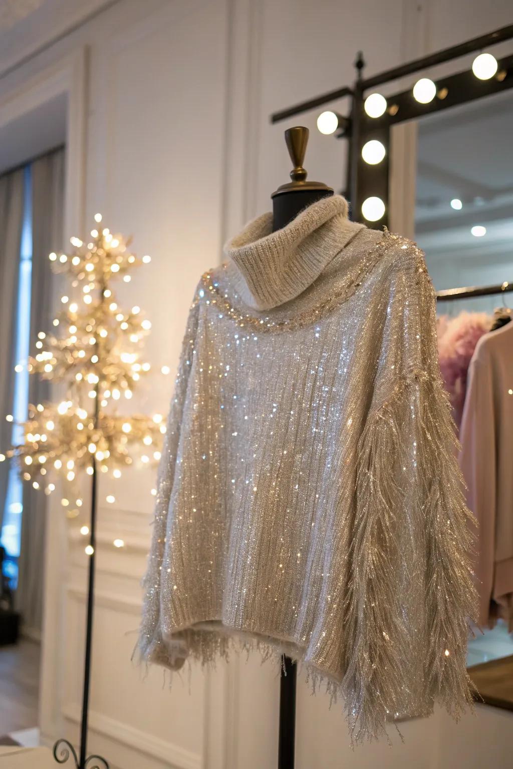 Dazzle the crowd with a sparkly tinsel glam sweater.