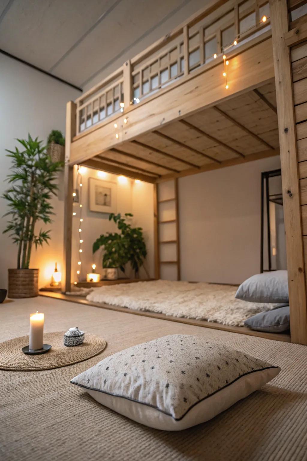 A calming meditation space under a loft bed.