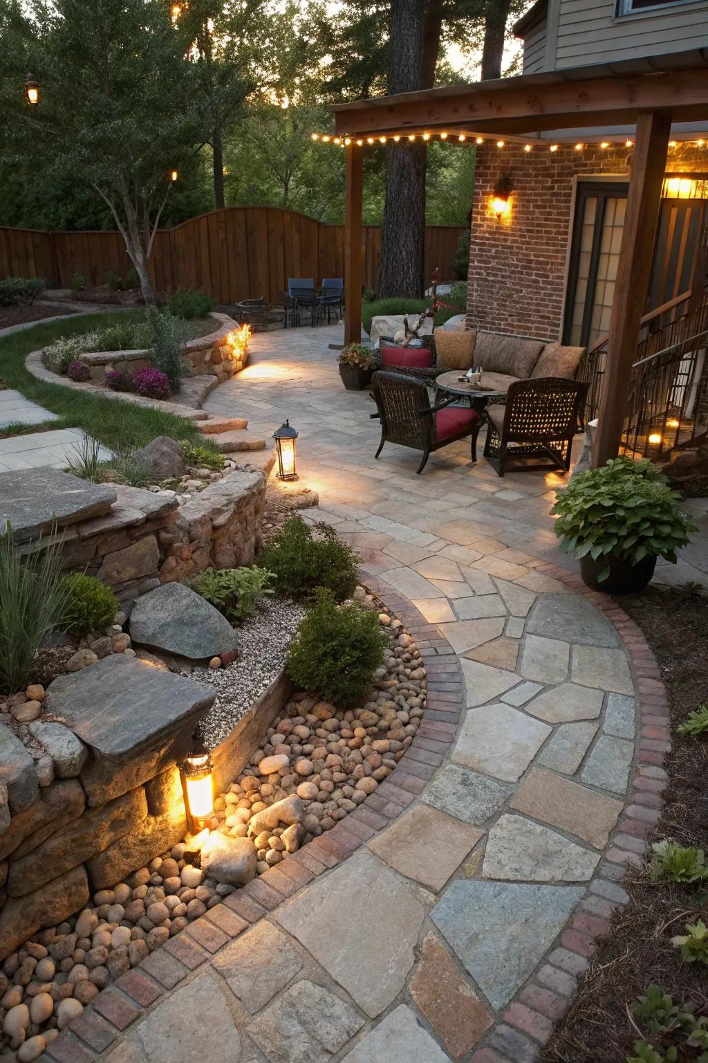 Integrated lighting highlights features and creates a magical atmosphere on uneven patios.