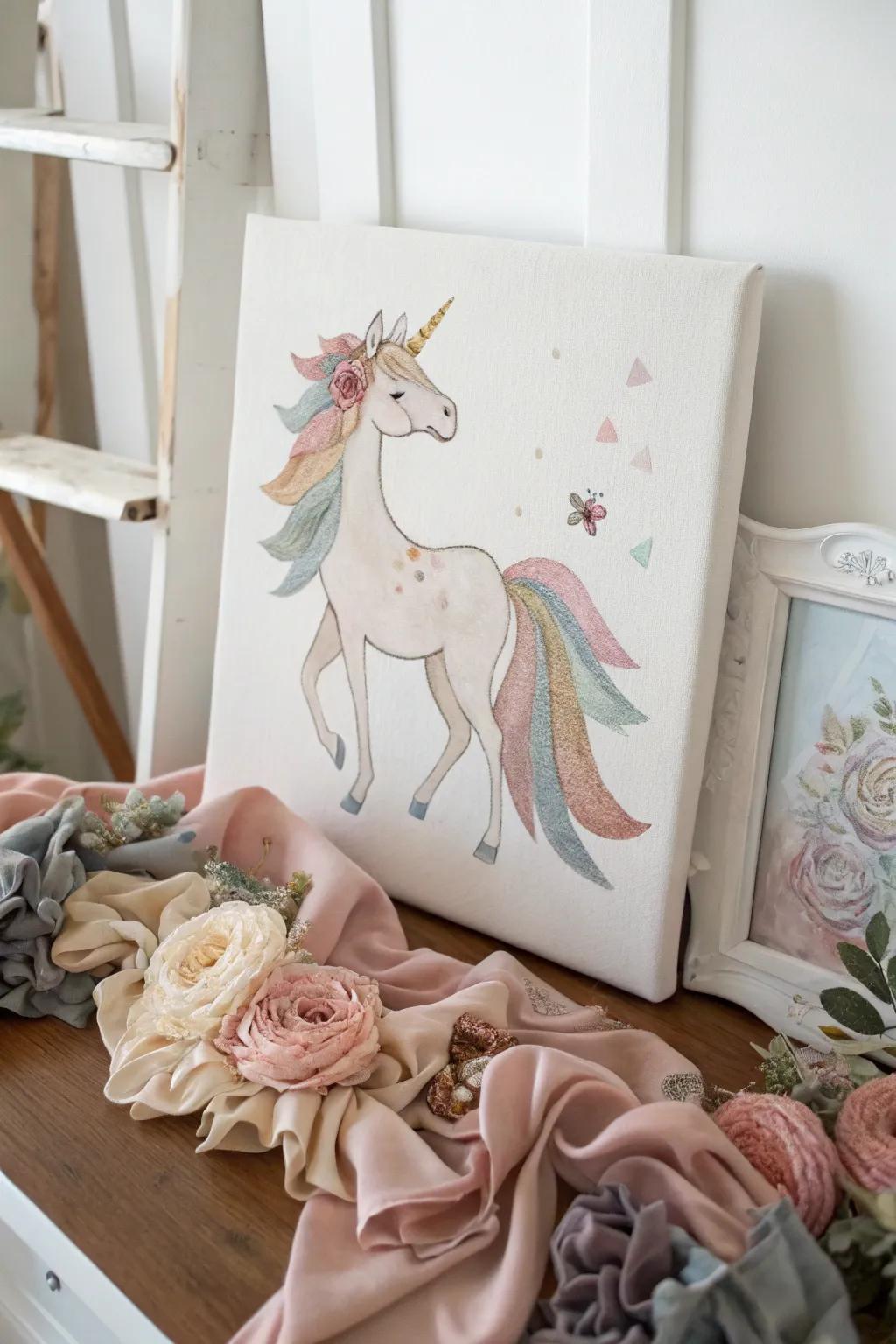 Transform a child's room with this enchanting unicorn artwork. A perfect blend of canvas and fabric brings magic to life!