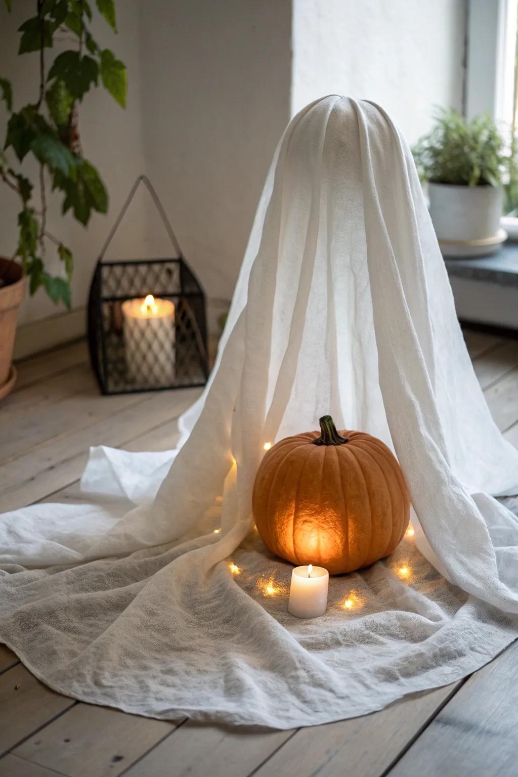 Illuminate your Halloween with the ethereal charm of a ghostly pumpkin.