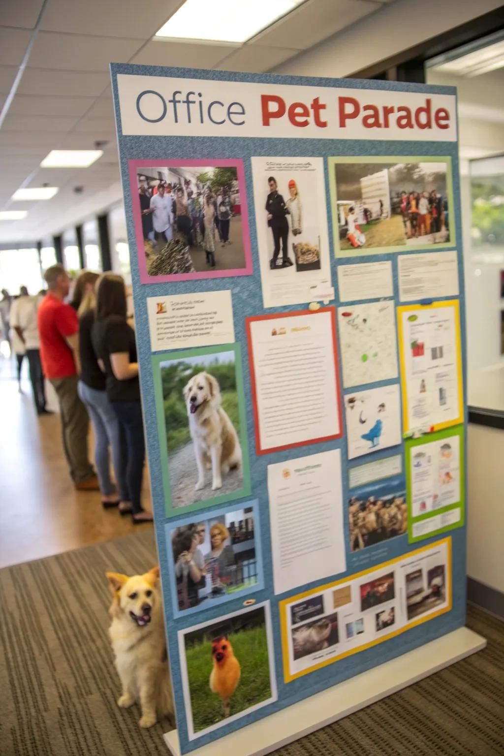 A board showcasing beloved pets of the office community.