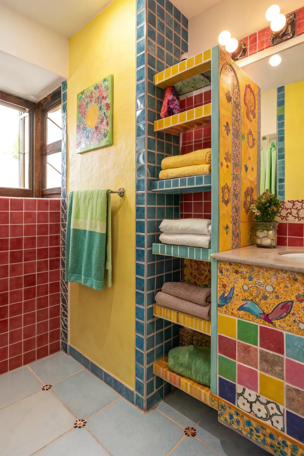 Make a statement with a custom mosaic towel shelf.