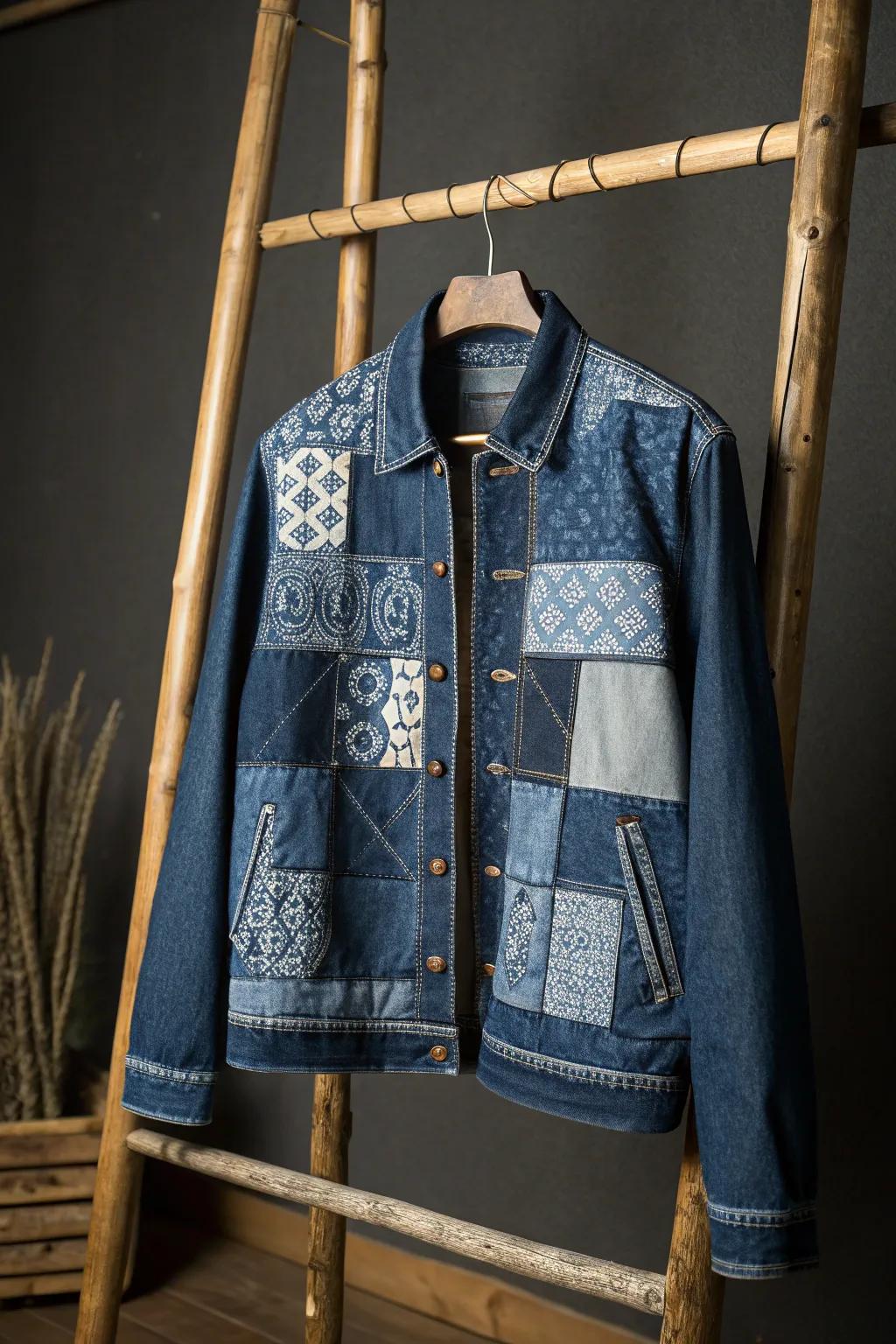 Elevate your style with this bold denim patchwork jacket—where upcycling meets fashion.