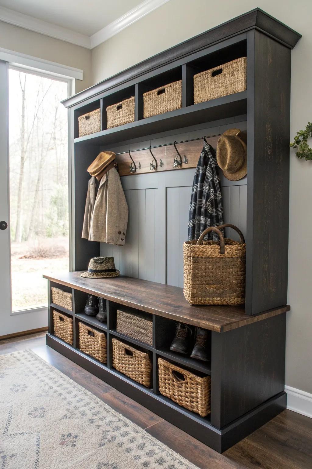 Transform your space with this stylish mudroom organizer, crafted from an upcycled TV stand.