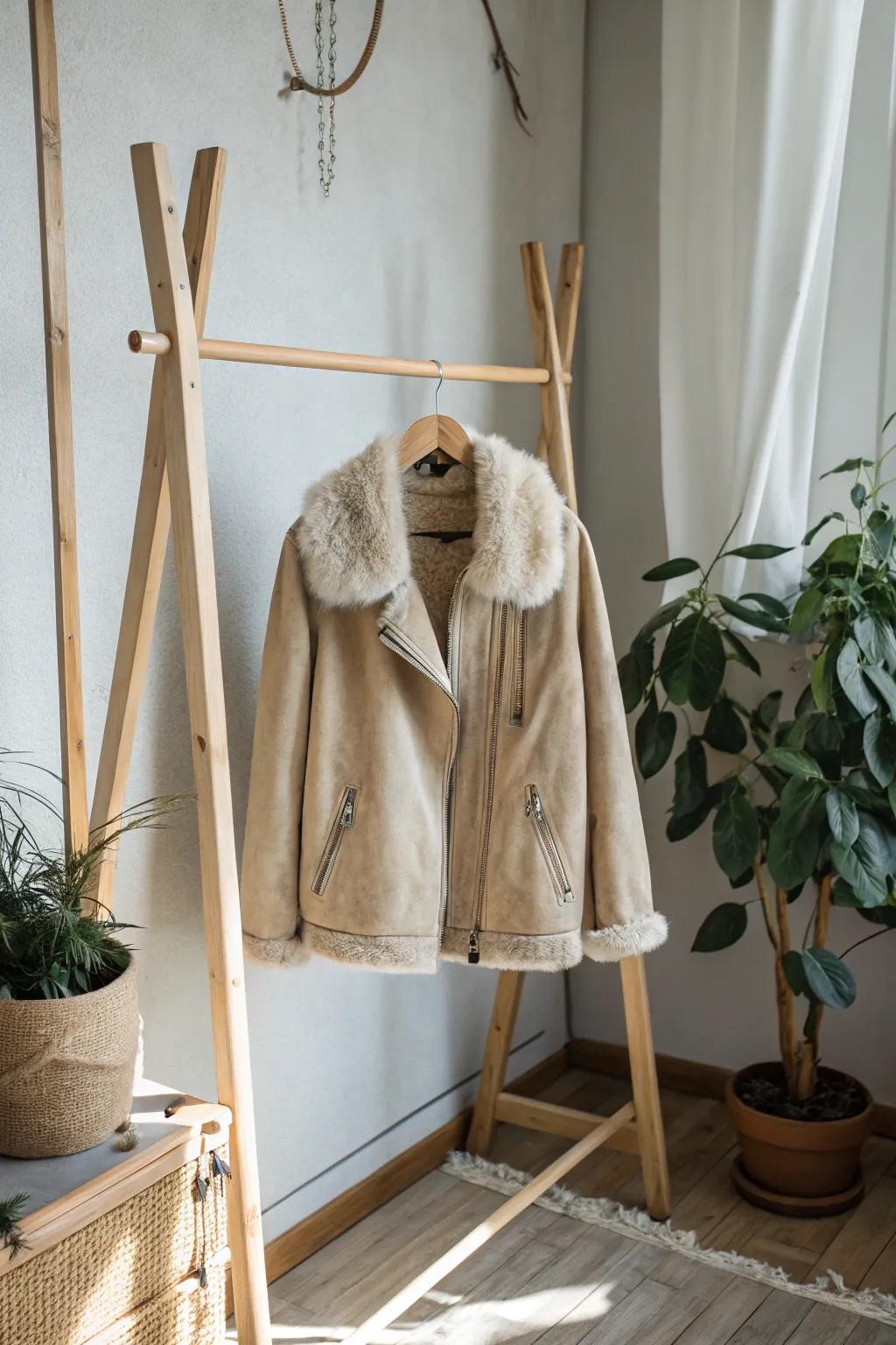 Embrace warmth and elegance with this chic upcycled jacket, featuring a sumptuous faux fur collar for cozy sophistication.