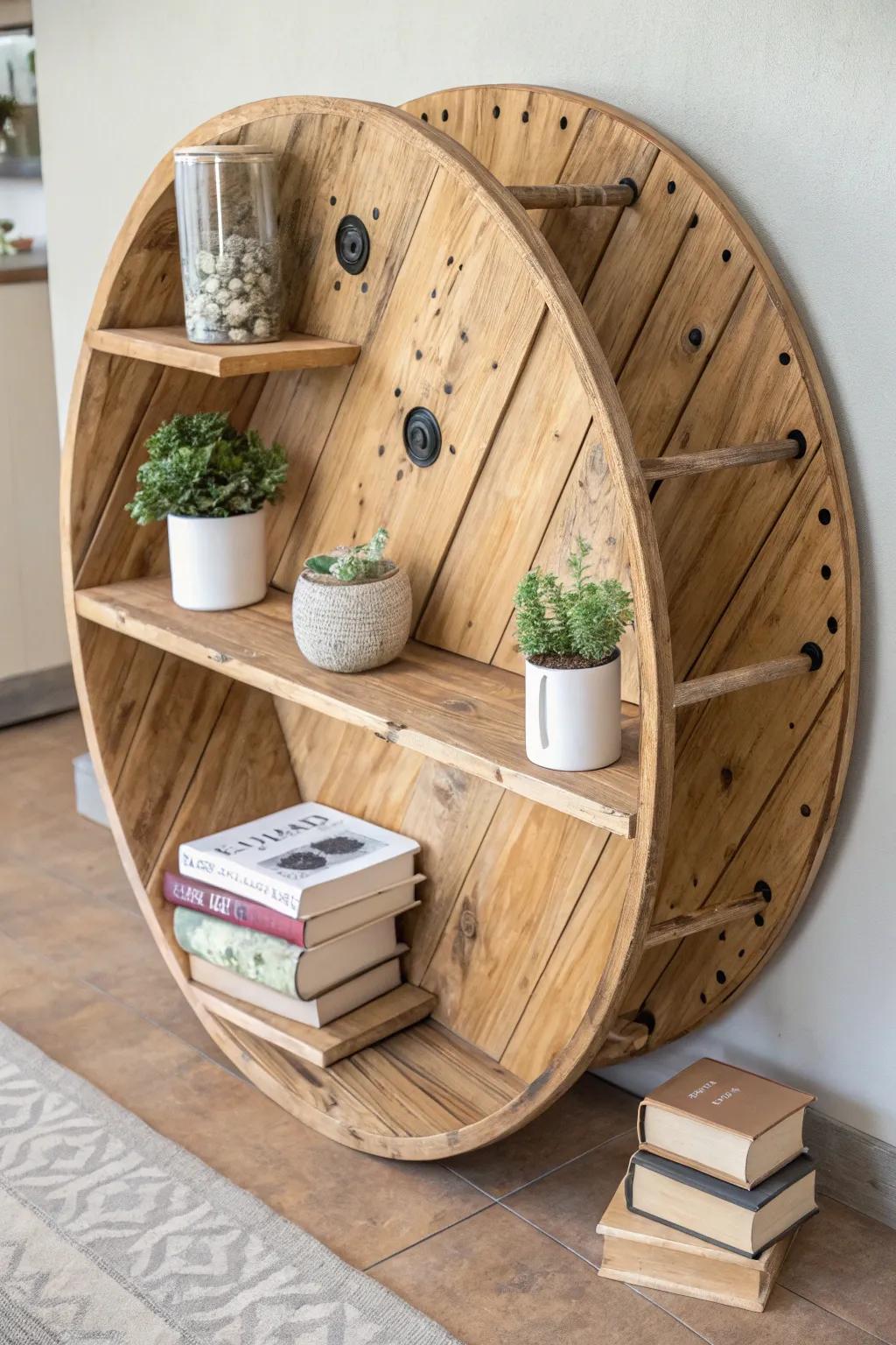 Elevate your space with a touch of nature and craftsmanship – a cable reel reborn as a stunning circular shelf.