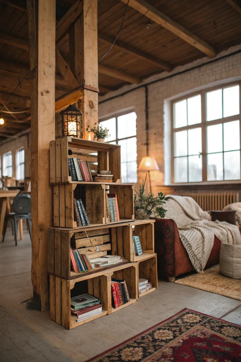 Create a rustic bookshelf with stacked wooden crates.