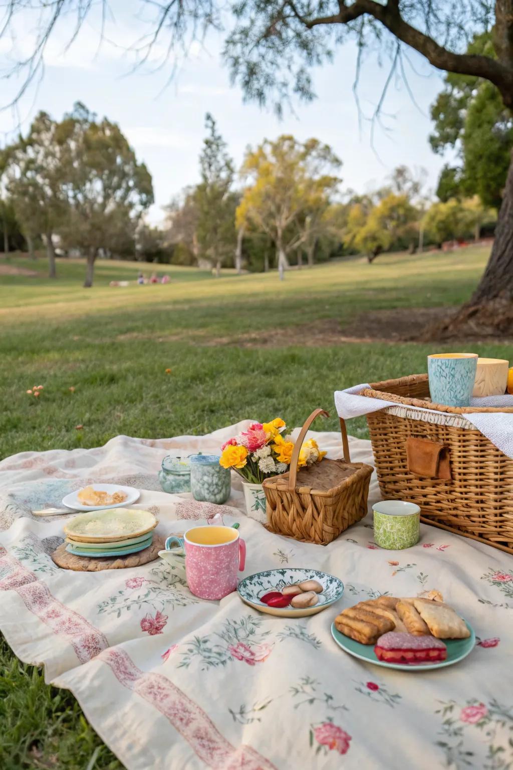 Elevate your picnic with a charming vintage linen blanket.