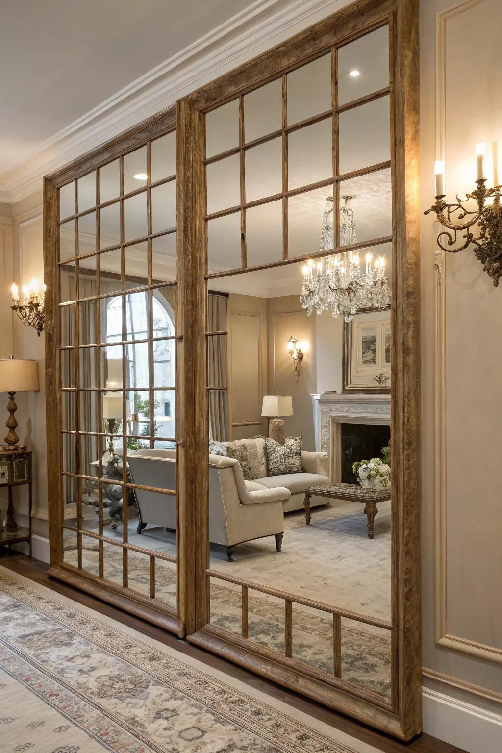 Faux window panes add elegance and character to large mirrors.