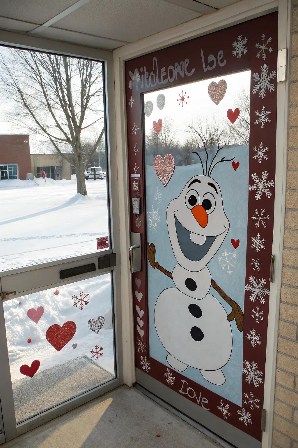 Olaf brings warm hugs and winter magic to this classroom door.