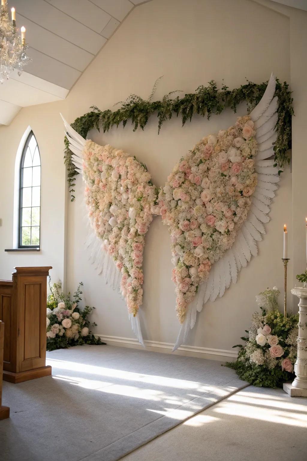 Angel wings floral art creates a heavenly display.