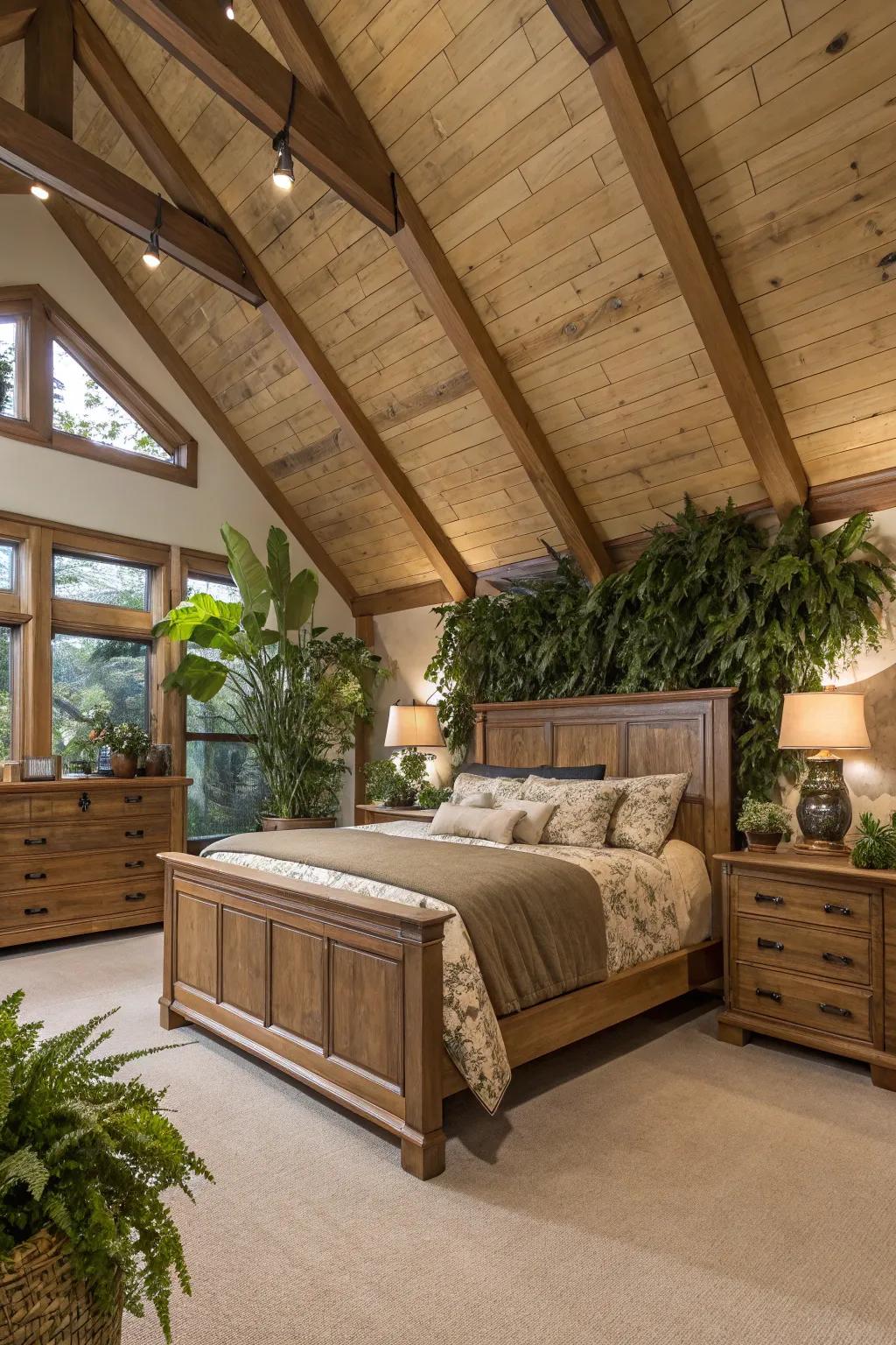 Natural elements add warmth and tranquility to a bedroom with a vaulted ceiling.