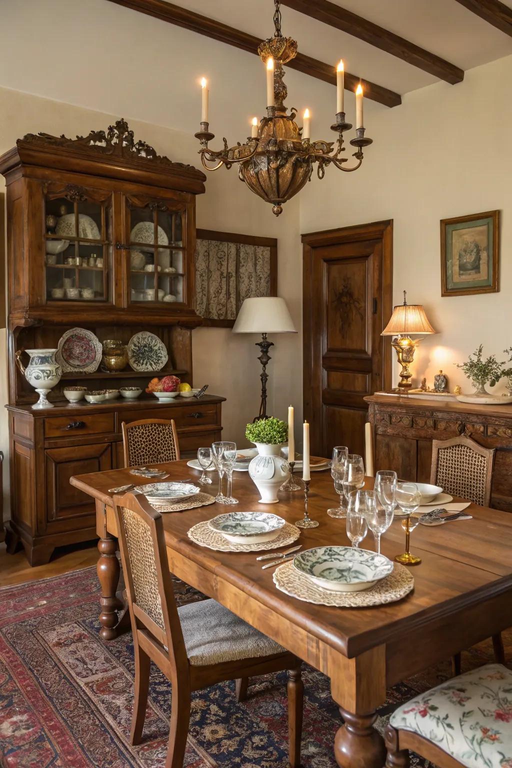 A solid oak table provides warmth and authenticity in this dining room.