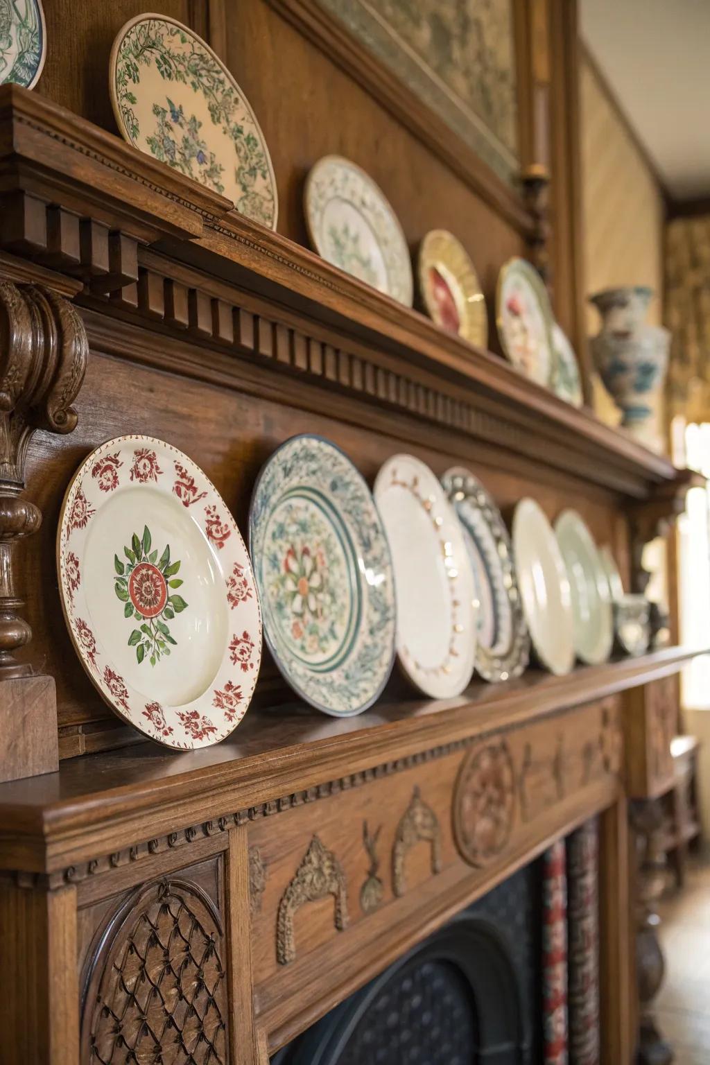 Vintage ceramic plates create an artful display on this classic mantel.