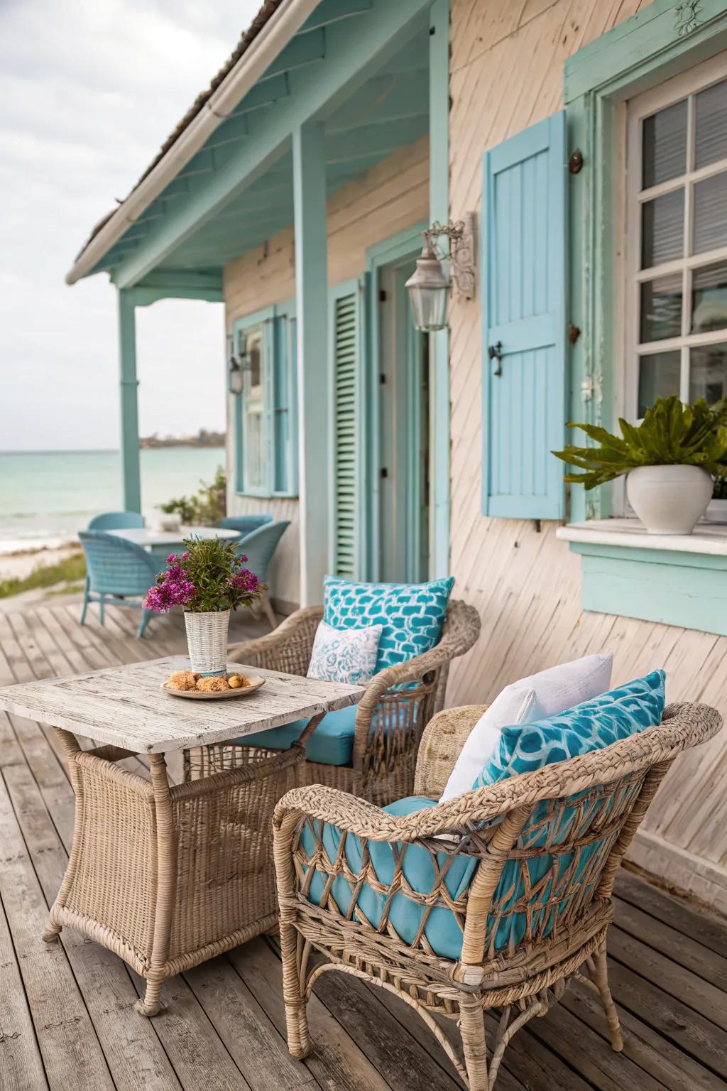 Coastal-themed vintage patio with wicker furniture and sea-inspired hues.