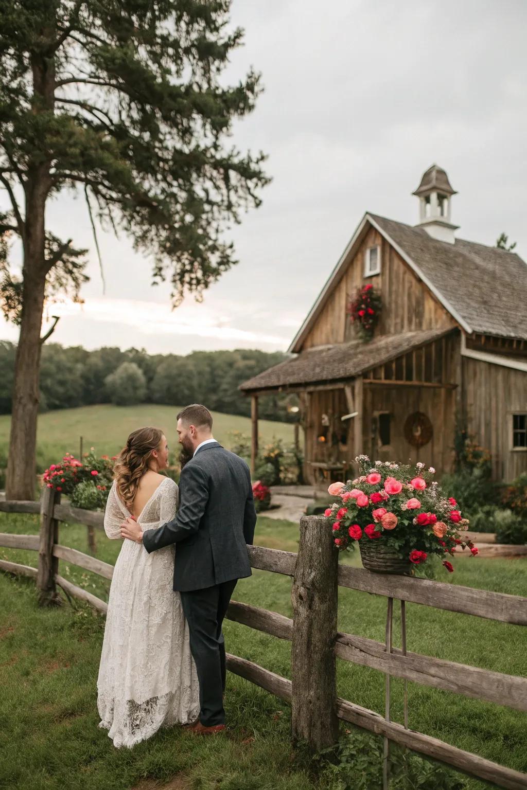 A charming farmhouse vow renewal with rustic decor.