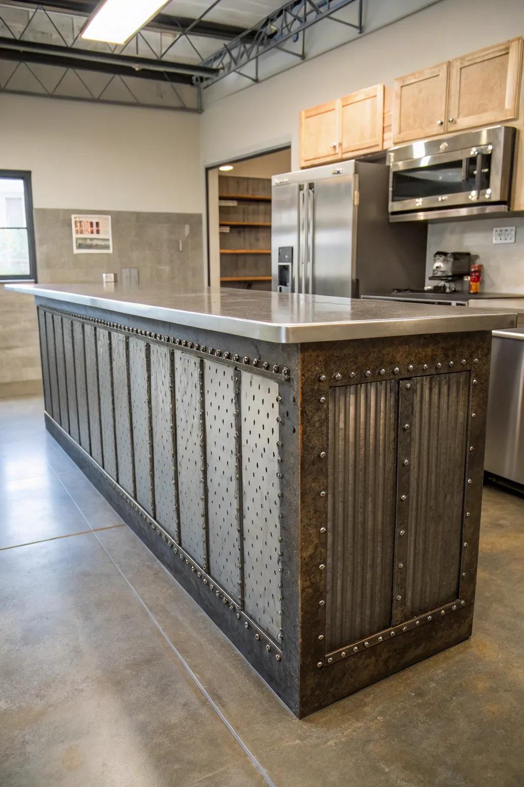 Industrial-style wainscoting adds an edgy touch to this kitchen island.