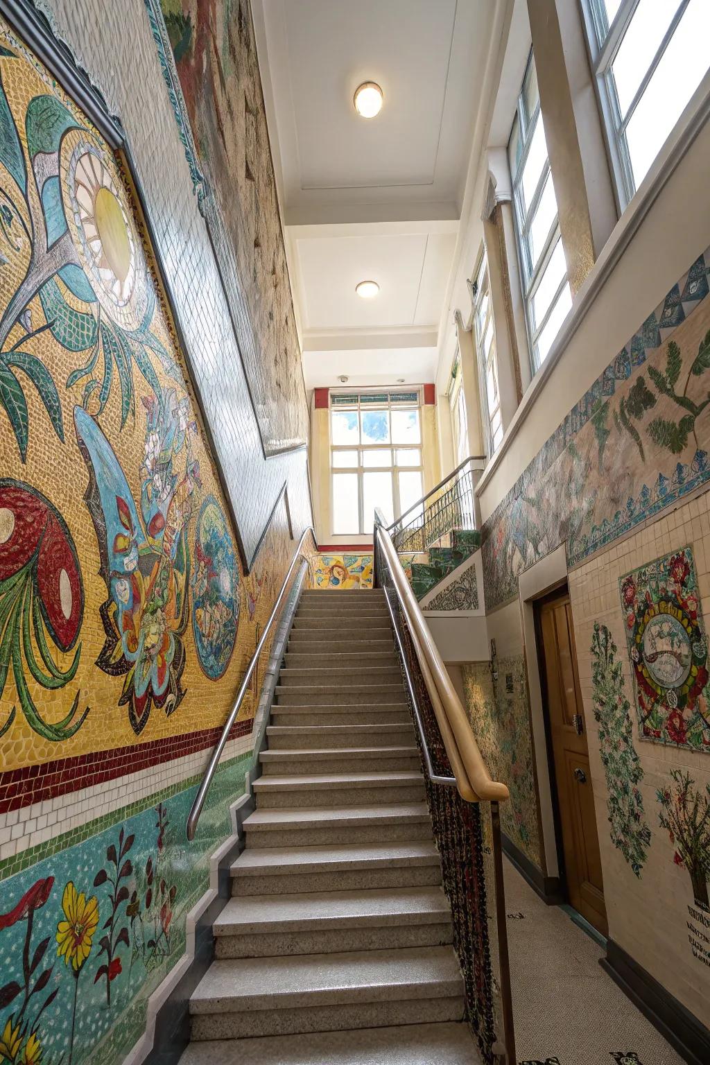 Mosaic patterns for an artistic and vibrant stairwell.