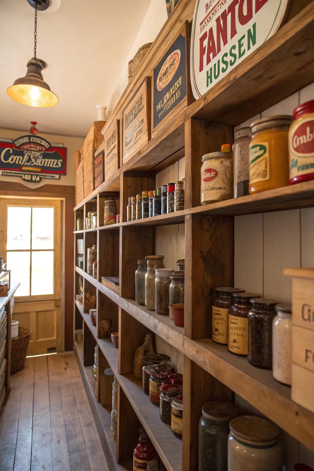 Vintage elements adding unique charm to a walk-in pantry.