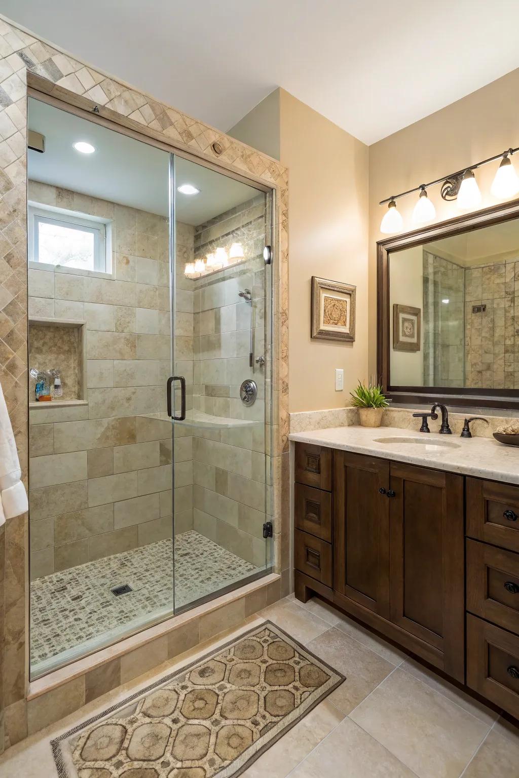 Natural stone tiles bring elegance and functionality to small bathroom showers.