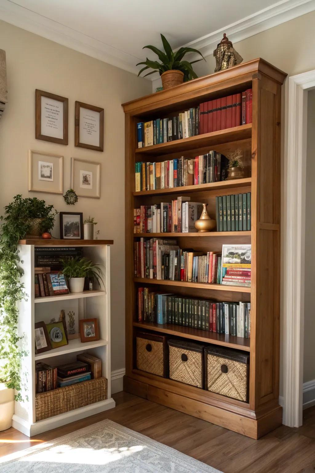 A corner bookcase offering storage and style.