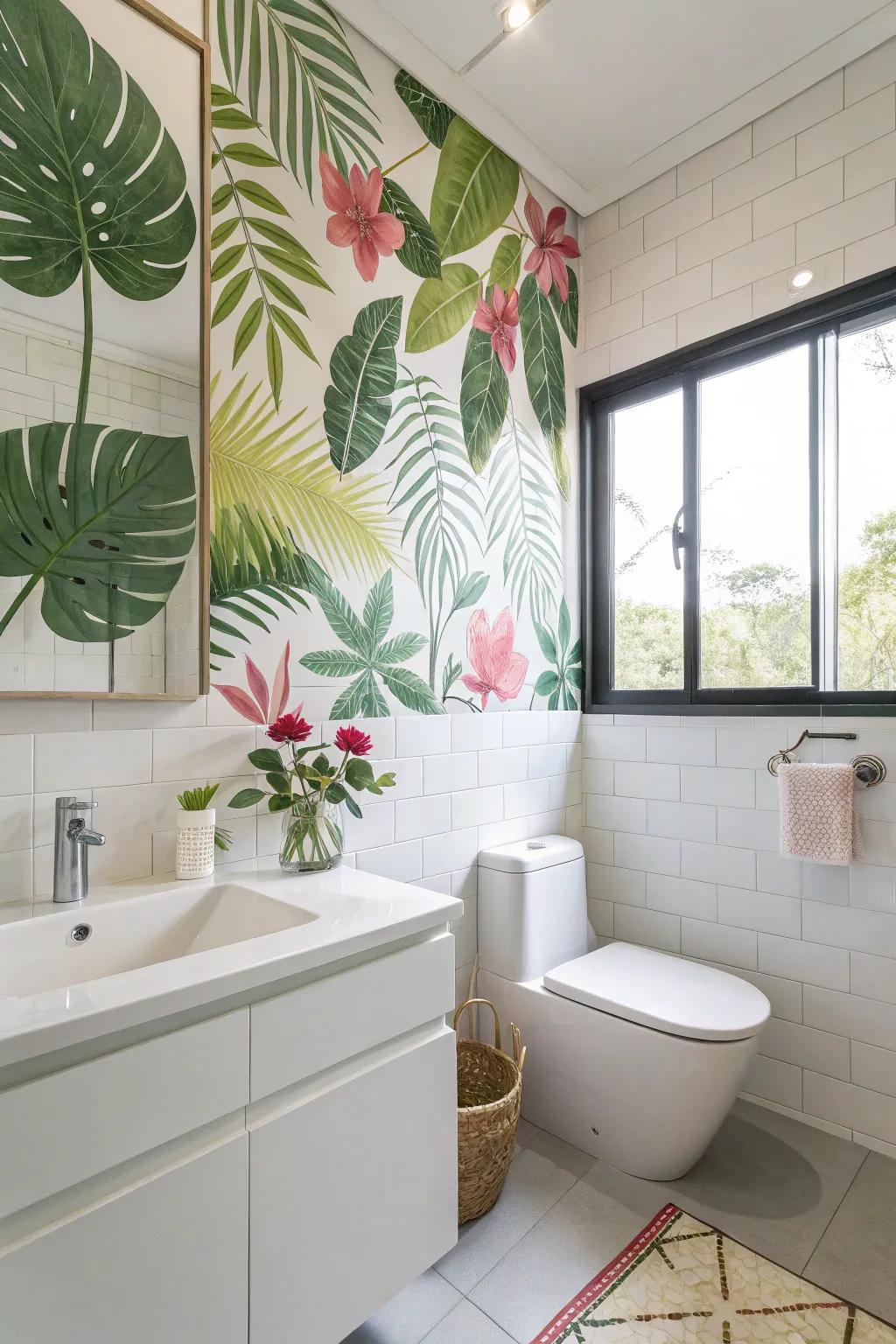 Botanical wall decals add a fresh and temporary update to this bathroom.