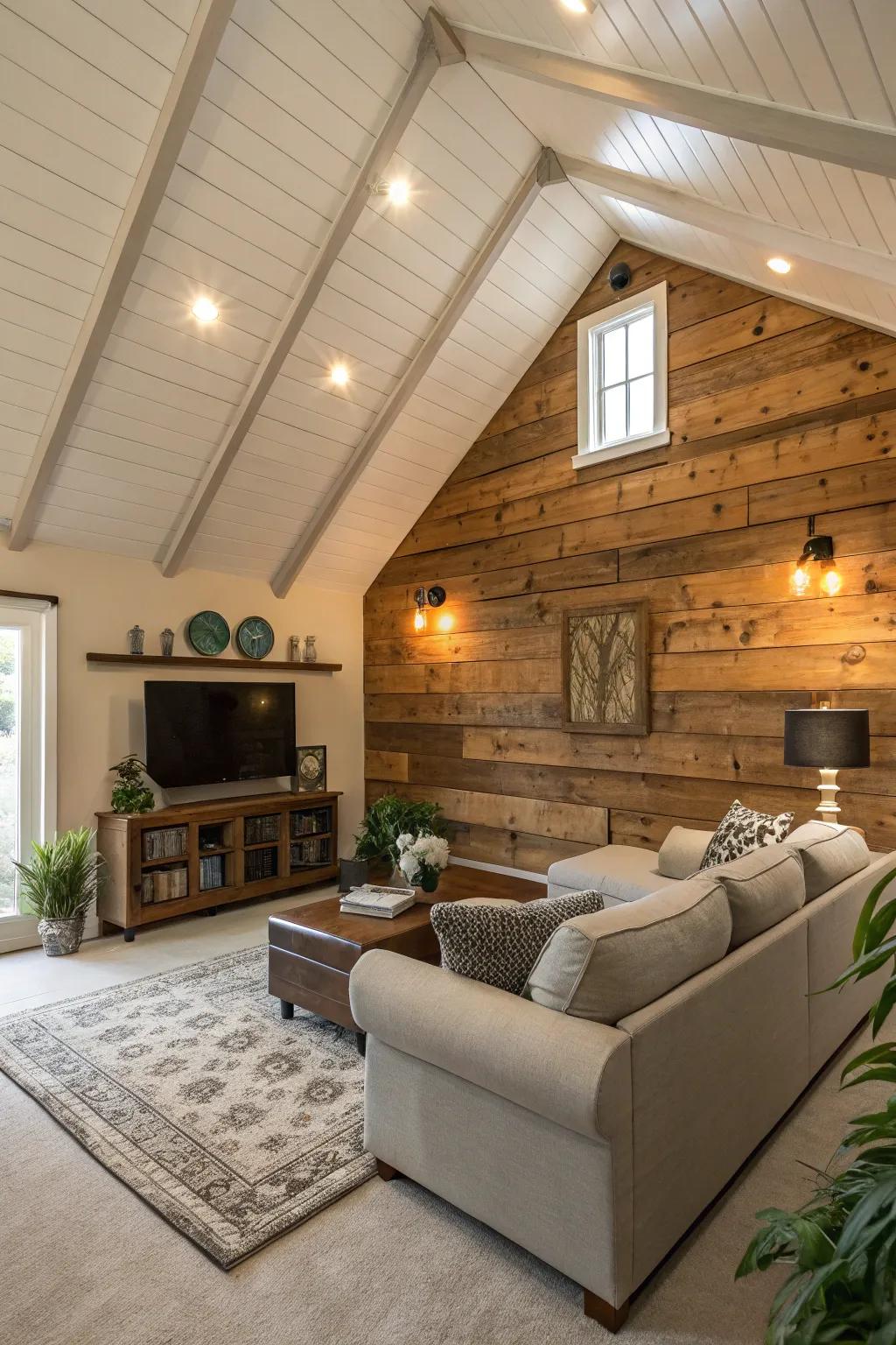 A wood accent wall introduces warmth and natural beauty.