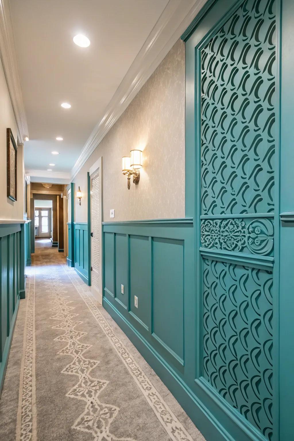 Hallway featuring vibrant teal board-and-batten wall millwork.