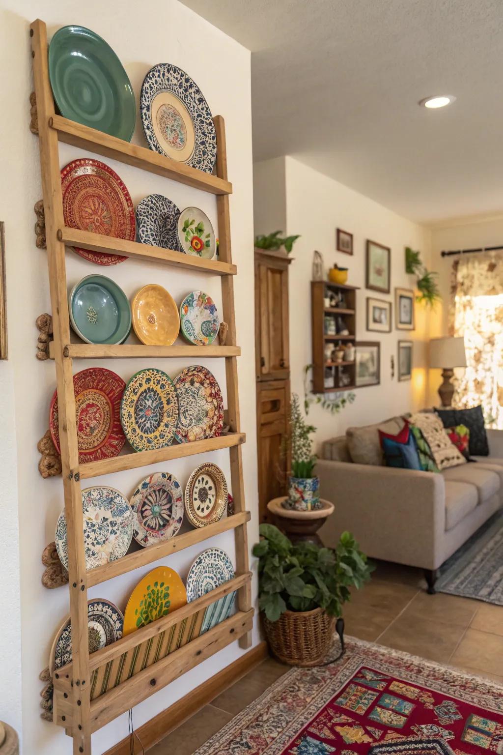 A bohemian-inspired plate rack adding vibrancy to the space.