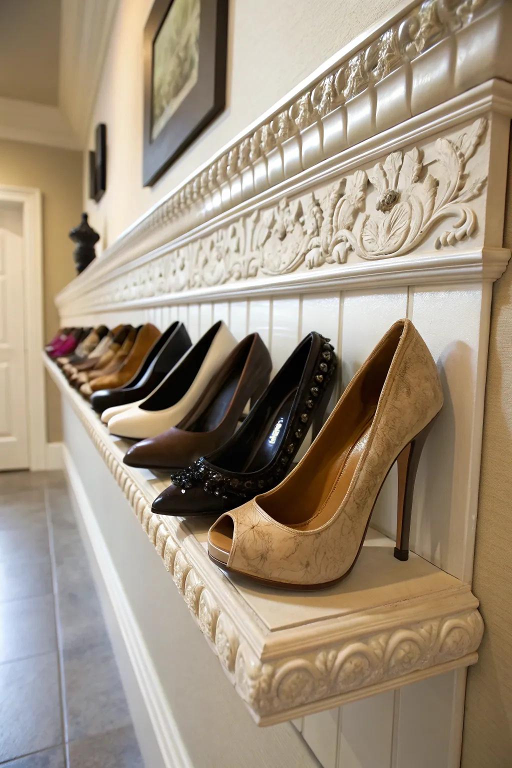 Crown molding adds a royal touch to shoe storage.