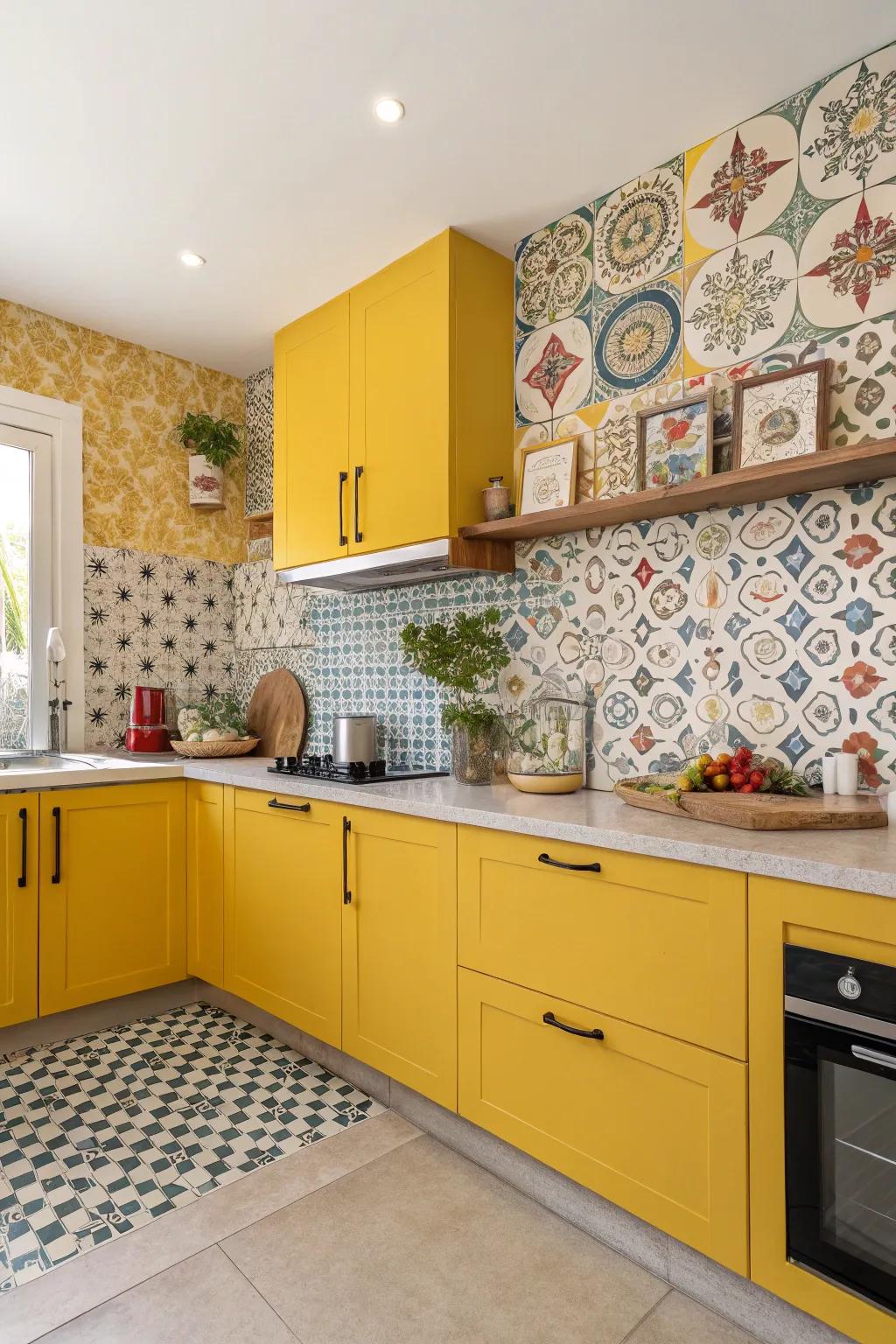 A lively kitchen with eclectic wallpaper and vibrant yellows.