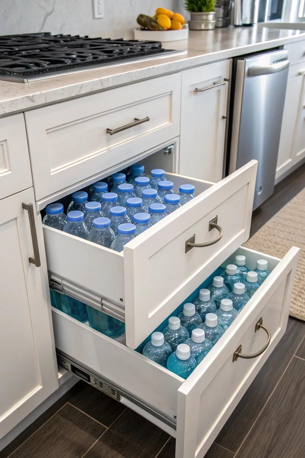 Efficient water bottle storage with a pull-out drawer