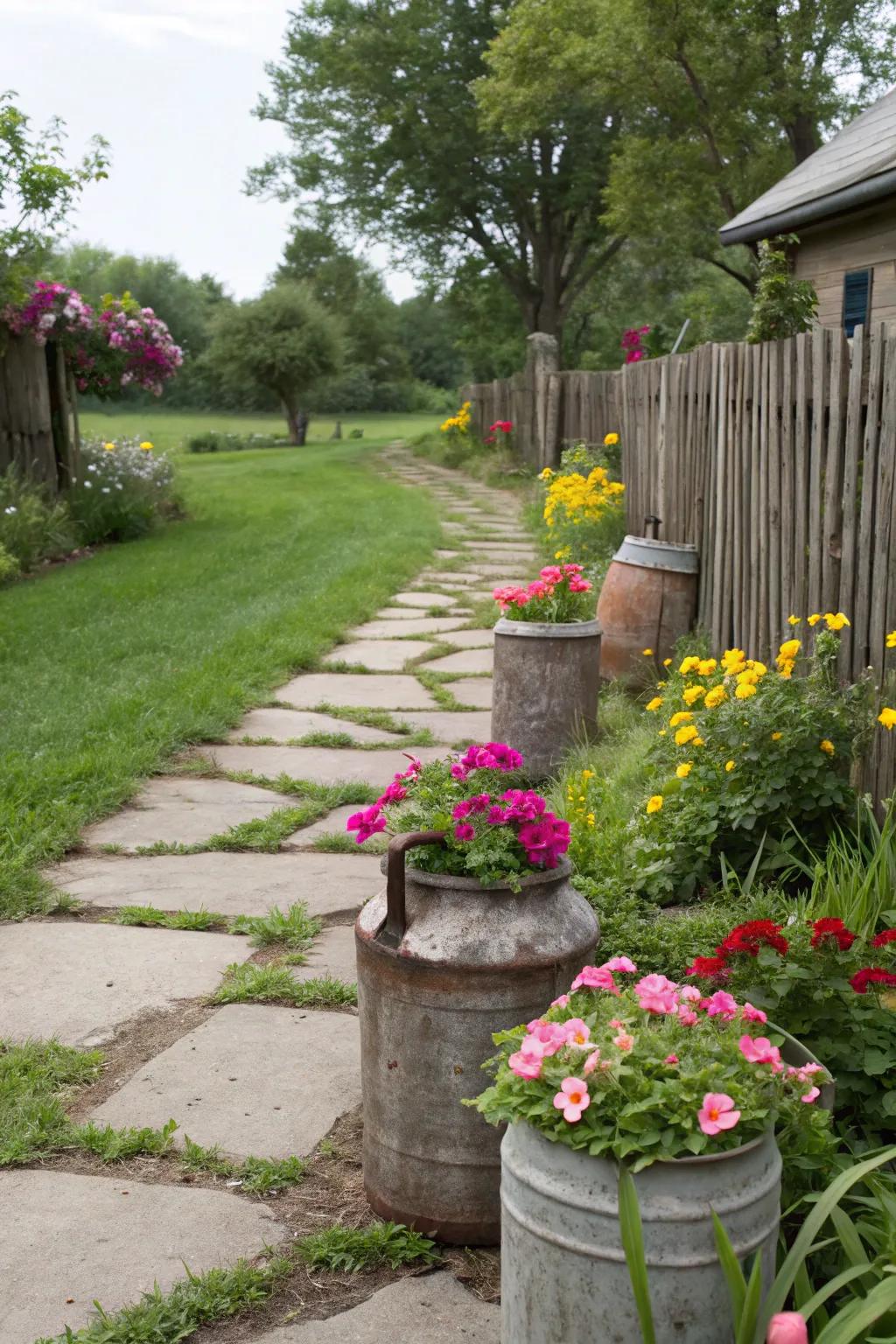 Rustic outdoor planters enhance garden aesthetics.