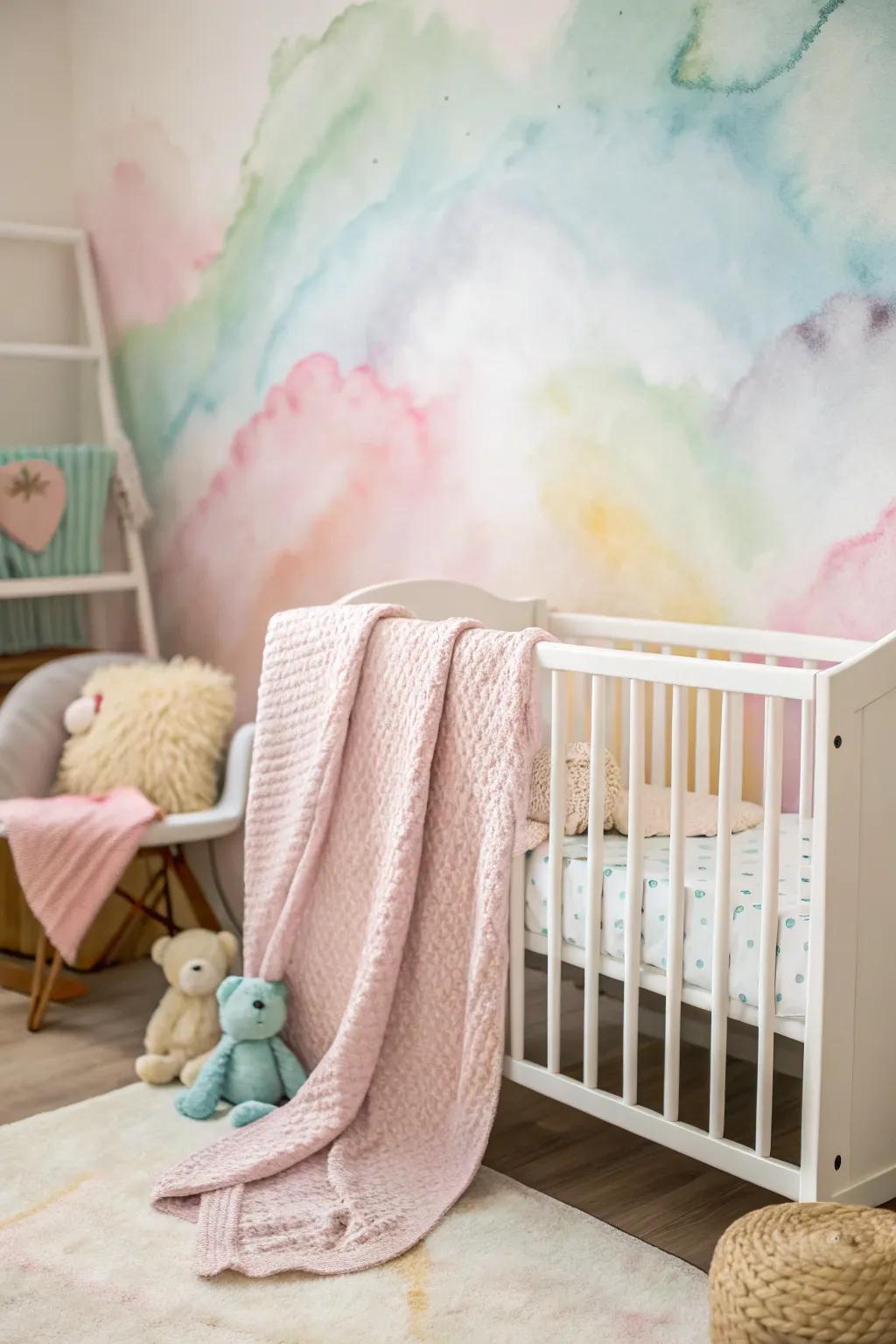 A calming soft focus watercolor background sets a serene tone in a nursery.