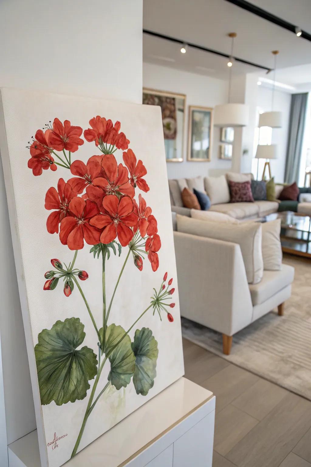 Make a bold statement with this vibrant painting of geraniums.