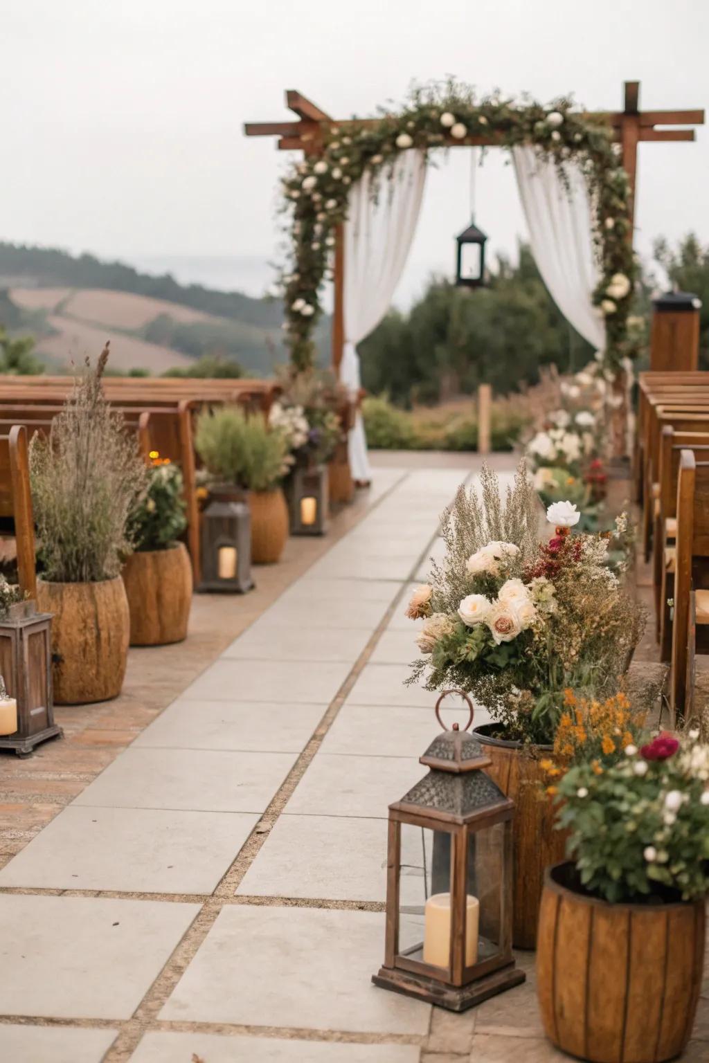 A green and sustainable wedding aisle with potted plants.