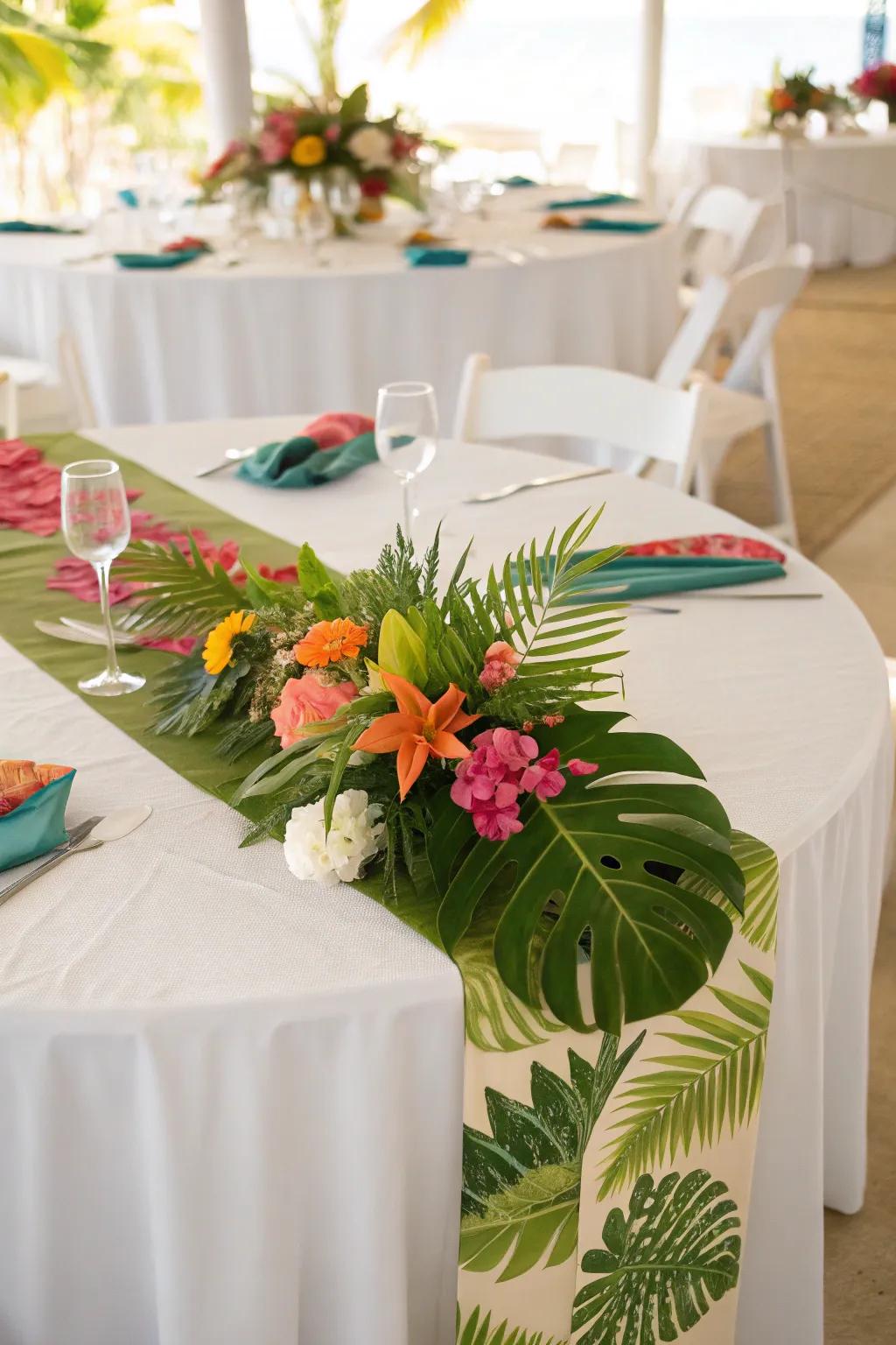 Tropical leaf runners bring exotic flair to destination weddings.