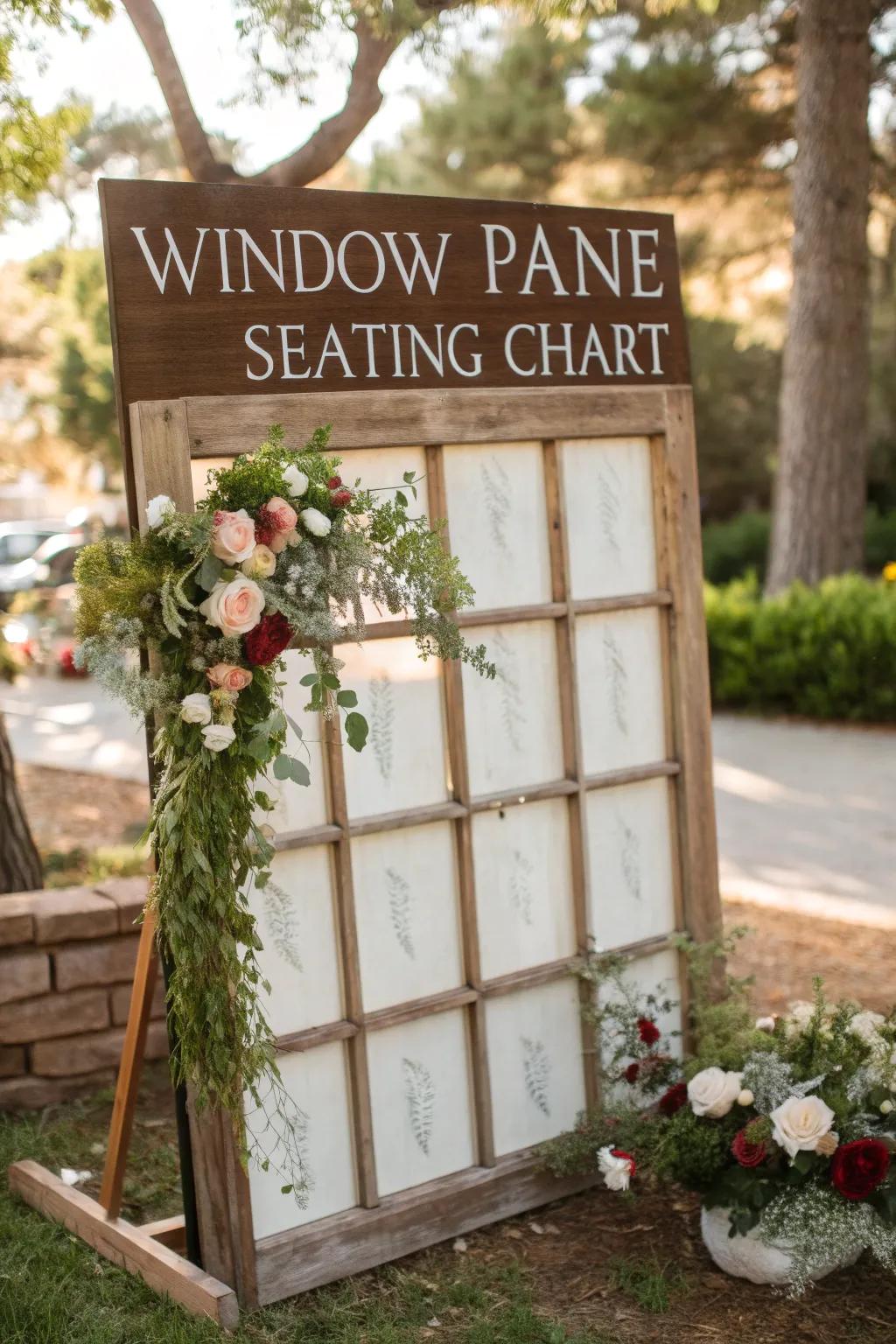 A rustic window pane used as a seating chart, adding a charming touch to a garden wedding.